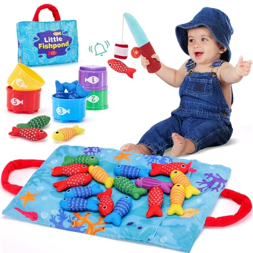 hahaland Brinquedos crianças 1 ano - jogo de pesca com tecido de 15 peixes, cubos empilháveis, saco - brinquedos Montessori para crianças 1 anos, presente bebés 6-12 meses