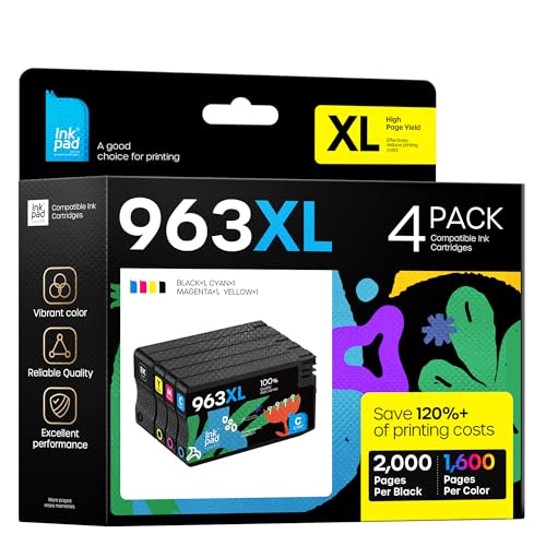 iNKPAD Lot de 4 touches 963XL pour 963 963 XL pour OfficeJet Pro 9010 9012 9013 9014 9015 9016 9018 9019 9020 9022 9023 9025 9 9 9 026-99 026 9028 (Noir/Ciano/Magenta/Jaune)
