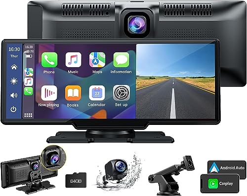 Lamto Sem fios Carplay e Android Auto, rádio estéreo portátil de 9,26 polegadas com Dashcam frontal 2K, câmara traseira 1080P, ecrã tátil, Bluetooth/GPS/FM/Siri/Google/Espelho de ligação AUX/64GB TF