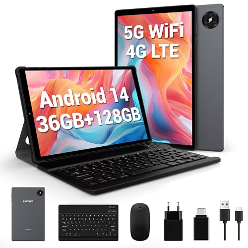 FASTWD Tablet 10 polegadas Android 14 Tablet, 2025 Newest Tablet 5G WiFi, 36 GB RAM+128 GB ROM, FHD 1920 * 1200 incell, 8000 mAh, 13 + 8 MP, GPS, Face ID, Tablet com Tecl. ado, preto