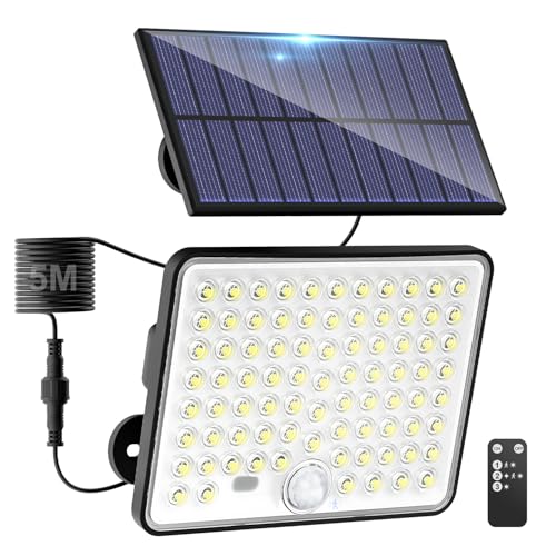 kolpop 1 pacote holofotes LED solares exteriores, holofotes LED solares sensor de movimento com controlo remoto, IP65 luz solar impermeável, 3 modos luz solar exterior potente para jardim, pátio
