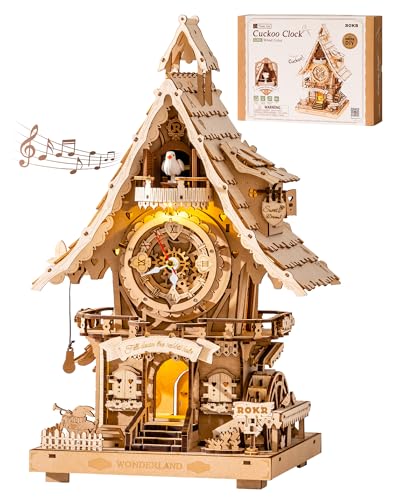 ROKR Puzzle 3D de madeira relógio cuco, casacos para construir adultos kits de embalagens, presentes e decoração para adultos, Cuckoo Clock cor da madeira, LC901