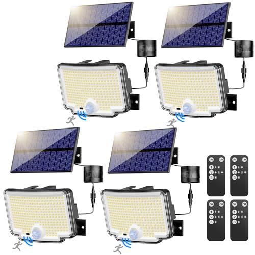 nipify Focos LED exteriores solares, 318 LED/270° iluminação: holofote solar exterior com sensor de movimento, 6500 K, IP65 luz solar exterior com comando remoto para jardim, caminhos, garagens, 4