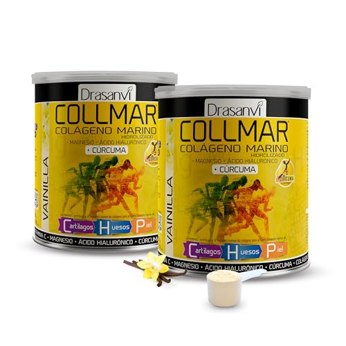 Drasanvi COLLMAR Colagénio marinho hidrolizado açafrão com magnésio, vitamina C, ácido hialurónico para bem-estar das articulações e músculos, assimilação 9,355 mg/dia, 2 x 300 g de pó, sabor baunilha