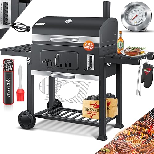 KESSER® Grelha de carvão com carrinho de grelha com tampa, rodas, cabo de aço inoxidável, churrasqueira e termómetro carvão grande churrasco churrasco grelhador, terraço, jardim XXL cinzento
