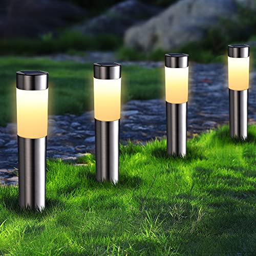 Joomer Luzes solares LED para exterior jardim, 4 peças luzes solares LED de aço inoxidável, impermeável caminho de luzes cilíndricas para jardim ligado/desligado automático para relvado pátio entrada