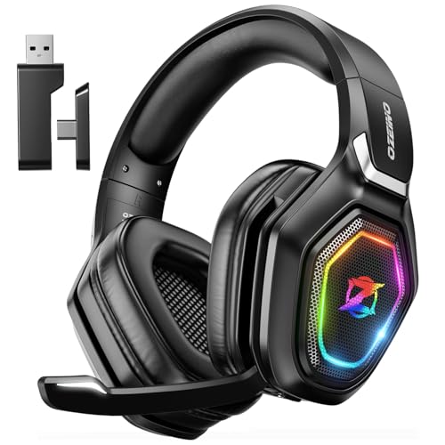 Ozeino Capacetes Gaming sem fios para PC/Ps5/Ps4, auriculares Gaming sem fios de 2,4 GHz sem fios Bluetooth (preto)