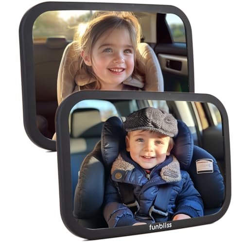 Funbliss 2 Pacotes espelho carro bebé, espelho carro bebé assento traseiro, com Vclara e ampla, instalação rápida, rotação de 360°, vidro acrílico quebrável