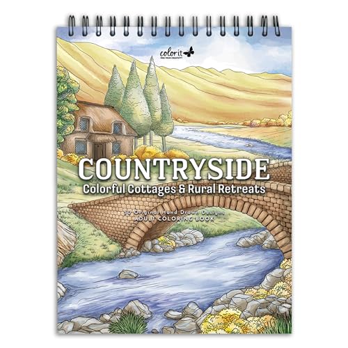 ColorIt Countryside: Colorful Cottages and Rural Retreats - livro para colorir para adultos, 50 ilustrações de cenários de campo, papel grosso, papel perfurado, capa dura plana, papel secante de