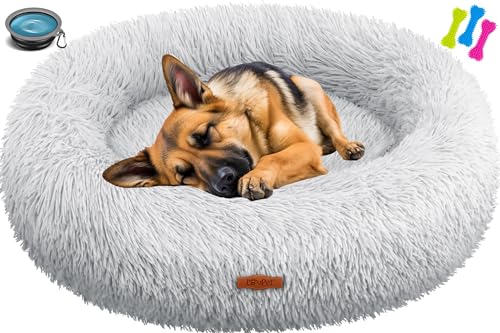Lovpet® Cama para cão, cama para gato, bagel, íncl. Tigela + 3x ossos mastáveis, sofá macio para cão, para cães pequenos, médios e grandes, gatos, Ø 100 cm (3XL), cinzento claro