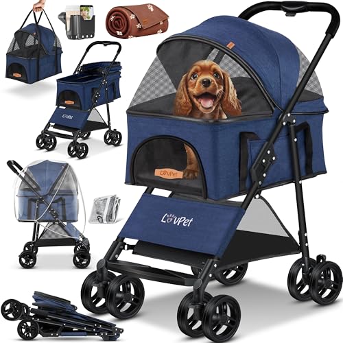 LOVPET® Carrinho para cães 2 em 1, carrinho para cães caixa para cães, bolsa de transporte dobrável, até 20 kg, carrinho para animais de estimação com janelas de malha e cobertura de proteção azul