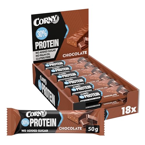 Barras de proteínas, Corny Protein, chocolate, 13,5 g de proteínas, 0% de açúcares adicionados, ajudam o desenvolvimento e recuperação da massa muscular, embalagem de 18 x 50 g, Taste the Power