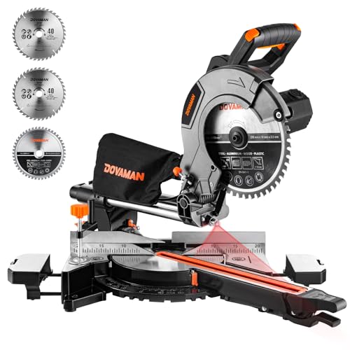 DOVAMAN DMS01A Ingletadora, 2000 W serra de esquadria, 3 lâminas para madeira, metal, branco, 3200/5000 rpm, operação manual Izq./D., guia a laser, 9 ocos positivos, capacidade de corte 90 x 3400 MM