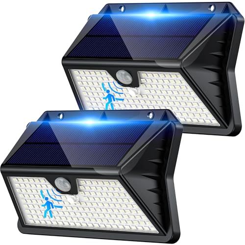Giliwosy Luz solar para exterior, 2 pacotes/3 modos: luzes solares com sensor de jardim de movimento, 185 LED, holofotes LED exteriores solares IP65, impermeável para jardim, garagem, pátio, portas