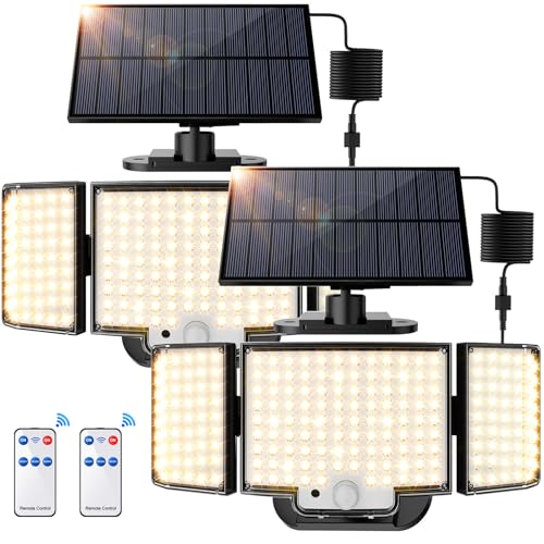 SIGRILL Luz solar exterior 212 LED, holofotes LED exterior solares sensor de movimento, 2200 mAh luzes solares IP65 impermeável, candeeiro solar com comando à distância (2 pacotes - branco quente)