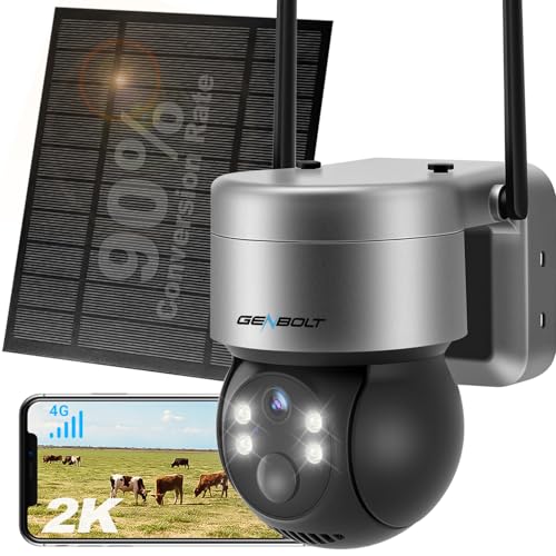 3G/4G LTE câmara vigilância exterior solar com SIM, GENBOLT câmara sem fios sem WiFi com bateria 12000 mAh, IP câmaras de segurança sem cabo noturno cor, PTZ rastreamento automático deteção PIR