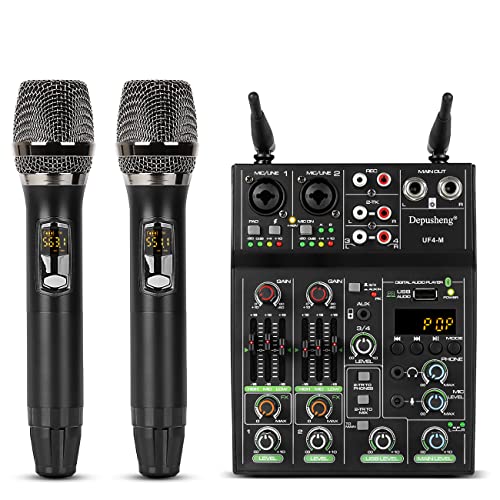 Depusheng UF4-M Consola de mistura de DJ portátil profissional com Bluetooth de 4 canais com microfone sem fio, misturadora para gravação de estúdio, karaoke e festa