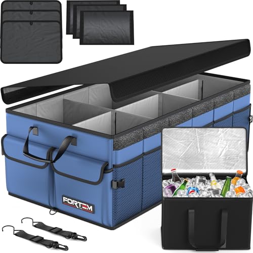 FORTEM Organizador de mala de carro e SUV - caixa dobrável com 3 compartimentos extra grande com bolsa de frigorífico - base antiderrapante - correias ajustáveis - tampa removível (azul)