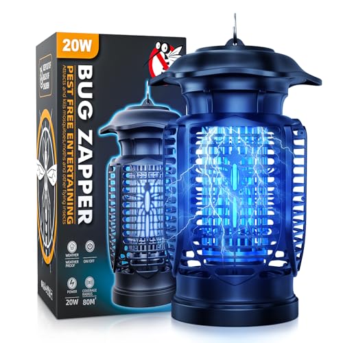 YEEFON Candeeiro anti-mosquitos elétrico, 20 W lâmpada mata insetos com escova limpa, UV Exterminador de moscas, silencioso, impermeável IPX4, dinheiro de 80 m² para interior e exterior