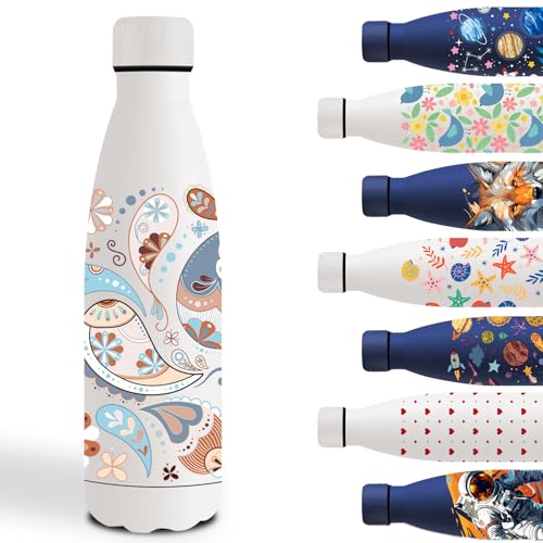 Garrafa de água de aço inoxidável de 500 ml, cantil de aço inoxidável, fácil de limpar, garrafa de água personalizada com estampado, à prova de fugas, cantil infantil para a escola, viajar, branco