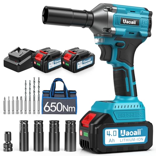 Uaoaii Chave de impacto com bateria de 650 N.m, 2 chaves de impacto de 4000 mAh e carregador rápido, chave de impacto com 5 bocais de impacto e 8 brocas, chave de impacto giratória para carro e uso