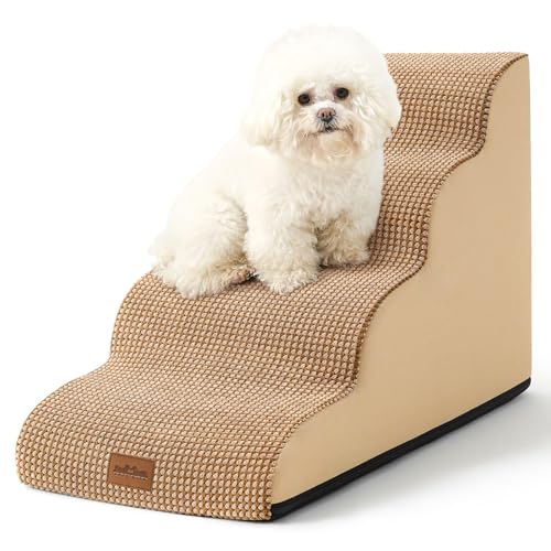 Cozy Kiss Escadas para cães, rampa para cães e gatos pequenos, escadas para animais de estimação com esponja leve de alta densidade, adequadas para camas altas e sofá (castanho claro, quatro degraus)