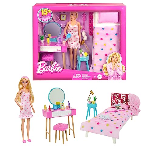 Barbie - Quarto e boneca quarto com mais de 15 acessórios, inclui cama, toucador, roupão de banho e gatinho, brinquedo + 3 anos (Mattel HPT55)