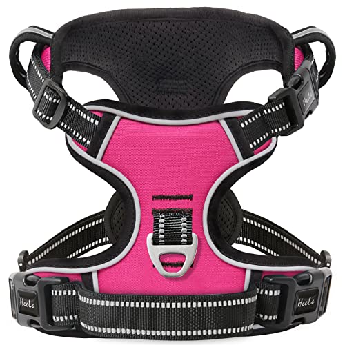 HEELE Arnês para cão, arnês anti-tração refletor, arnês para cão médio grande com alça acolchoada, 1 fivela na correia reta do pescoço, fácil de colocar e tirar, fúcsia, L