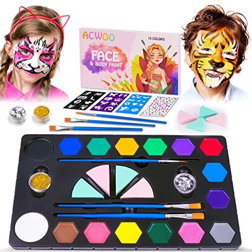 ACWOO Pinturas de rosto, 27 peças kit maquilhagem pintura facial com 16 cores, 2 purpurinas pó, pedras faciais 3 modelos, 4 esponja maquilhagem e 3 pincéis, pintura corporal de Halloween festa