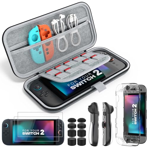MoKo Funda Compatible con Nintendo Switch 2 (2025), 14 en 1 Switch 2 Accesorios Kit con Funda, Funda para PC y Carcasa de TPU JoyCon, 2x Protector de Pantalla y 8x Protectores de Pulgar, Gris