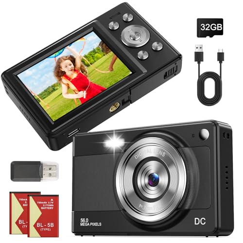 Câmara digital com fotografias, câmara digital vintage compacta, câmara fotográfica com cartão 32 GB para crianças iniciantes adultos, 2,8 ", 56 MP, 1080P FHD, duas baterias