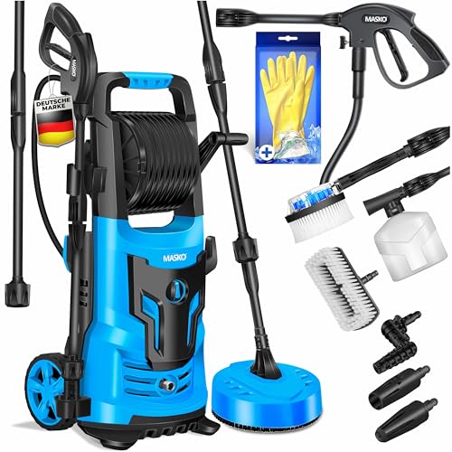 MASKO® Limpador de alta pressão 2200 W 165 bar 450 l/h, com bobina de 10 m de mangueira 9,pcs. Conjunto de acessórios, com garrafa de sabão de espuma, pistola de alta pressão