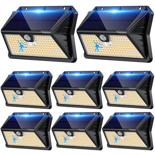 Giliwosy Focos LED exteriores solares, 8 pacotes/3 modos: luzes solares com sensor de jardim de movimento, 185 LED, luz solar exterior, IP65, impermeável para jardim, garagem, pátio, portas (branco
