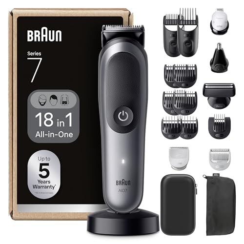 Braun Aparador tudo em um série 7 AIO7585, kit de styling 18 em 1 para barba, cabelo, orelhas, nariz e corpo, 120 min de automonomia, corta-pelos homem com lâmina ultra afiada, cinzento