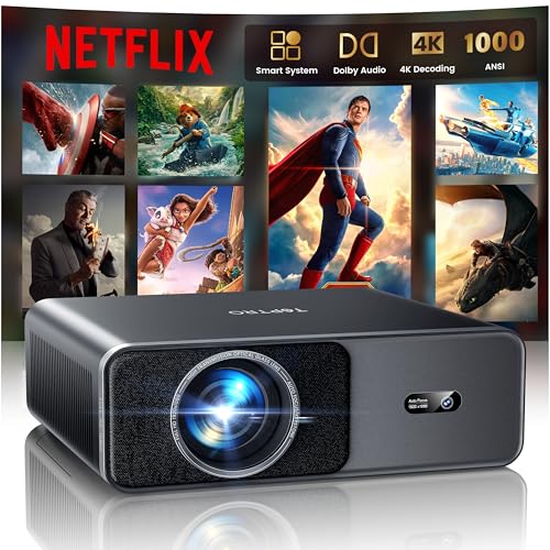 Projetor 4K [Netflix Oficial//Dolby], 1000ANSI SmartProjetor de ajuste automático de imagem com IA, projetor portátil 1080P nativo WiFi 6 bidirecional BT5.2 Zoom 50% para cinema em casa / exterior