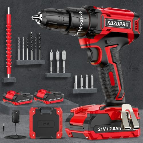 KUZUPRO Broca Percutor bateria 21 V, broca parafuso bateria com 2 x 2,0 Ah baterias, parafuso elétrico 42 Nm, ajuste de par de 25 + 3, 14 acessórios, 2 velocidades, luz LED para casa, bricolage
