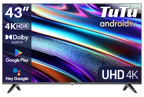 TuTu Smart TV 43 polegadas 4K UHD WiFi Bluetooth LED Android TV com Chromecast, Google Assistant, DVB-T2/S2/C, TUS43UQ1A