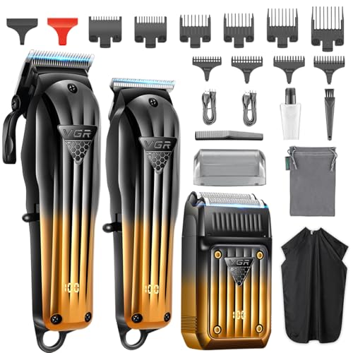 VGR 644 Corta-pelos profissional para homens, aparador de barba sem fios e máquina de barbear elétrica, kit de corte de cabelo recarregável de 3 peças com ecrã LED
