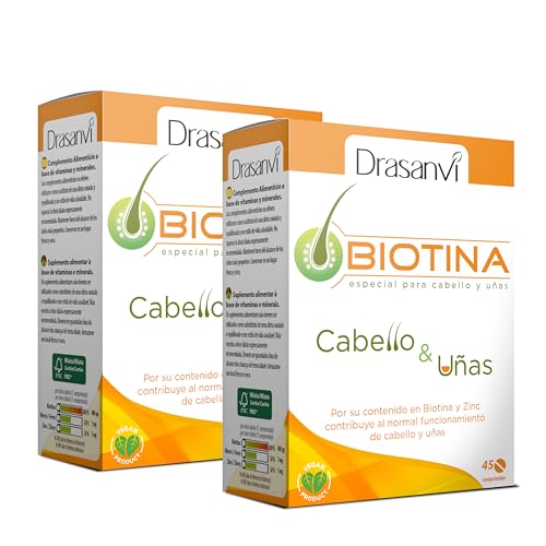 DRASANVI BIOTINA VITAMINA H 400 μg Vitaminas para o cabelo com ferro e zinco, para o crescimento e fortalecimento do cabelo, unhas menos frágeis e pele mais macia, 2 x 45 comprimidos = 90 dias