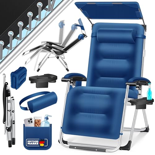KESSER® Espreguiçadeira dobrável XXL, resistente ao interior, capacidade de carga de 200 kg, estofamento ergonómico, encosto ajustável, almofada cervical, porta-copos e almofada para braços, com toldo