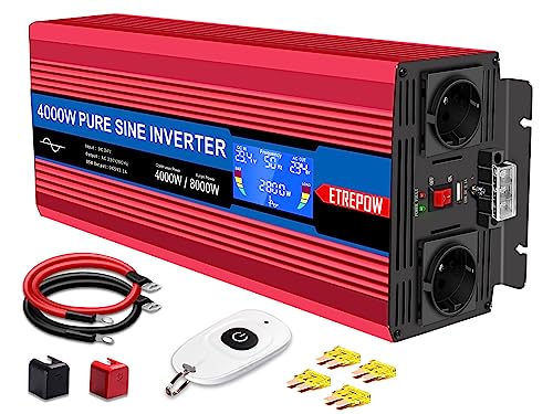 ETREPOW Inversor 24 V de 220 V onda pura 4000 W / 8000 W conversor de voltagem com 2 tomadas UE e um USB de 2,1 A, controlo remoto sem fios, ecrã digital e 2 ventoinhas