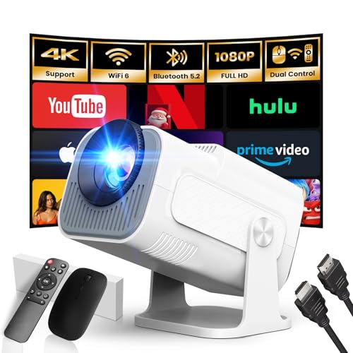 [App integrado] 2025 atualizado projetor portátil 1920 x 1080P 4K supote videoprojetor duplo controlo TV WiFi 6 BT5.2 180° rotação HDMI/TV Stick/USB/PS5/Laptop, com cabo HDMI e rato Black Banco