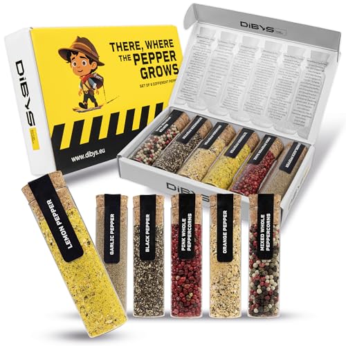DIBYS Conjunto de presente de pimenta | 6 variações requintadas de pimenta em tubos de ensaio com receitas incluídas, mistura de pimenta emocionante e diversificada | presente para cozinheiros fãs