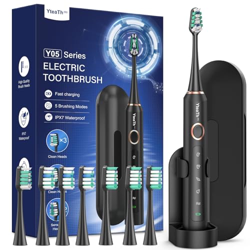 Escova de dentes elétrica sónica para adultos - escova elétrica sónica com 8 cabeças e estojo de viagem, 5 modos, IPX7 impermeável, escova de dentes elétrica recarregável, preto mate