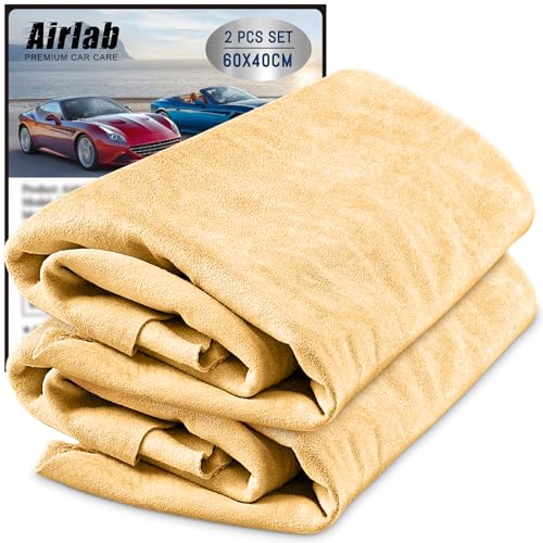 Airlab 2 peças camurça pele natural carro XL, 60 x 40 cm, toalha de secagem de carro, pano de couro sem pelos, panos de limpeza sem riscas, bainhas para cuidados com veículos mota automóvel espelhos