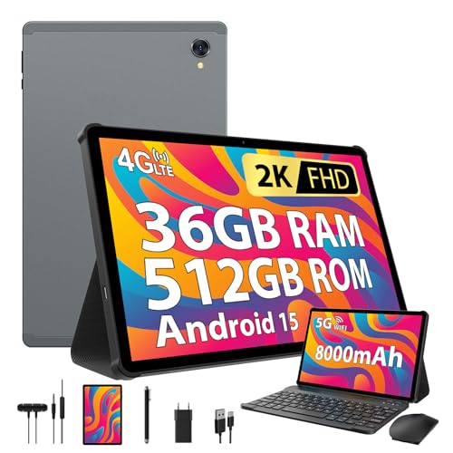 PIXPEAK Tablet Android 10,6 polegadas de 15, 4G SIM LTE & 5G WiFi, 36 GB RAM, 512 GB ROM (TF 1TB), 2000 * 1200, 8000 mAh, 13 MP+8 MP, GPS, Octa-Core, tablet com teclado | Rato|Estojo | Auriculares