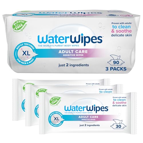 WaterWipes Adult Care Body & Intimate Hygiene Wipes, 90 toalhitas (pacote de 3), textura XL, 99,9% à base de água, para uso pessoal diário, a embalagem pode variar