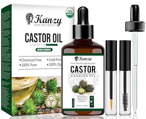 Kanzy Óleo de rícino para pestanas e sobrancelhas 50 ml óleo de rícino puro para cabelo, barba, unhas, corpo e rosto prensado a frio, óleo ideal crescimento cabelo cabelo óleo óleo com escovas