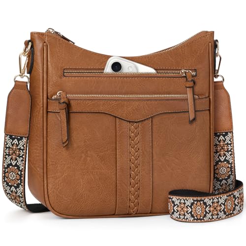 RAINSMORE Bolsa de tiracolo mulher couro PU mala mulher bolsa tiracolo com alça larga ajustável e removível bolsa cruzada compras trabalho, Castanho