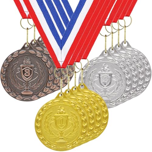 Medalhas para crianças, conjunto de 12 medalhas do dia desportivo de metal bronze prateado dourado com colar de fita para os prêmios do dia desportivo presentes de festa, crianças adultos